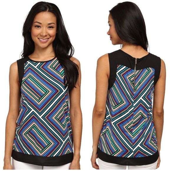 New! CALVIN KLEIN Women's Geometric Print Top Sleeveless Top Cami Back Zip - Picture 1 of 6
